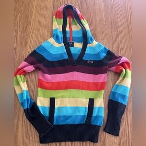 Le Tigre Womens Hooded V Neck Striped Knit Sweater Rainbow Pullover Top Y2K